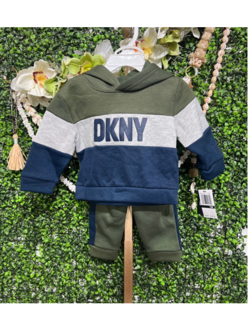 Baby Boys DKNY Matching Set 12 Months Olive and Blue Hoodie Sweat Jogger Outfit